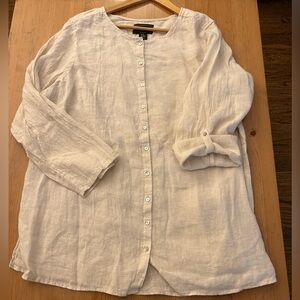 Tahari 100% Linen European Grown Flax Button Front Long Sleeve Roll Tab Top 2X